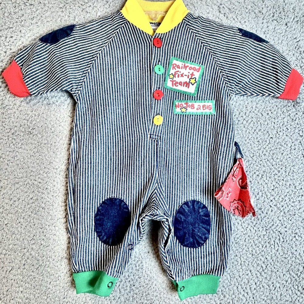 Hopscotch Vintage Kids Baby Railroad Fix-It Team Striped Overalls 6-9 Months USA